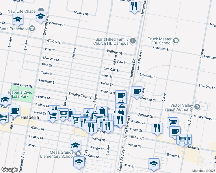 map of restaurants, bars, coffee shops, grocery stores, and more near 16436 Cajon Street in Hesperia