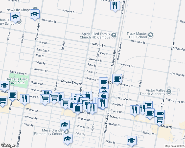 map of restaurants, bars, coffee shops, grocery stores, and more near 16471 Cajon Street in Hesperia
