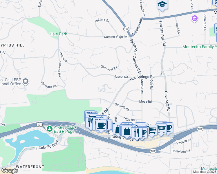 map of restaurants, bars, coffee shops, grocery stores, and more near 1084 Golf Road in Montecito