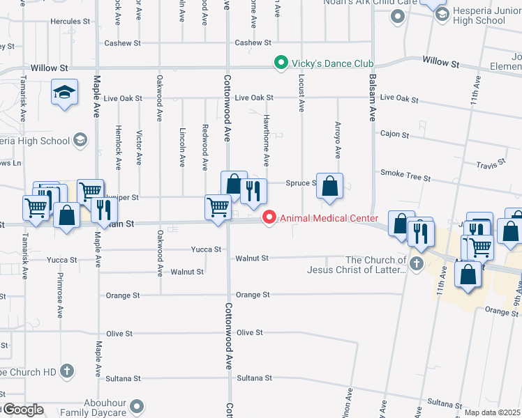 map of restaurants, bars, coffee shops, grocery stores, and more near Main Street in Hesperia