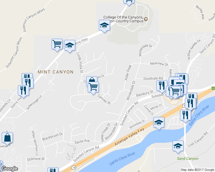 map of restaurants, bars, coffee shops, grocery stores, and more near 28367 Mount Stephen Avenue in Santa Clarita