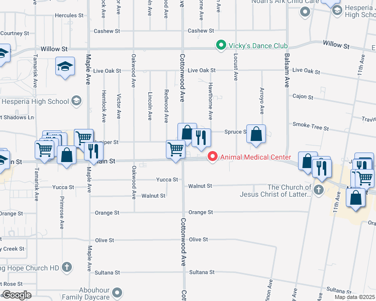 map of restaurants, bars, coffee shops, grocery stores, and more near 14920 Main Street in Hesperia