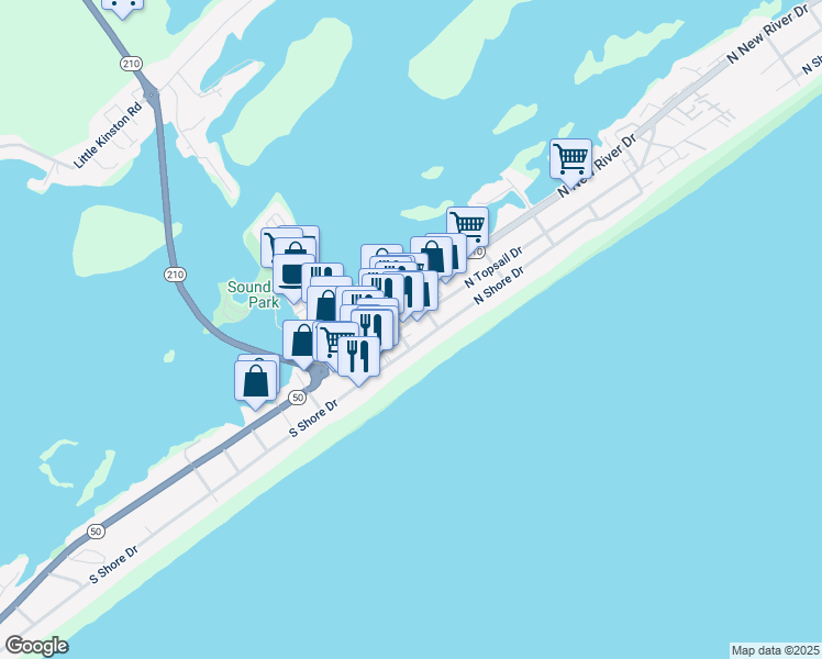map of restaurants, bars, coffee shops, grocery stores, and more near 206 North Topsail Drive in Surf City