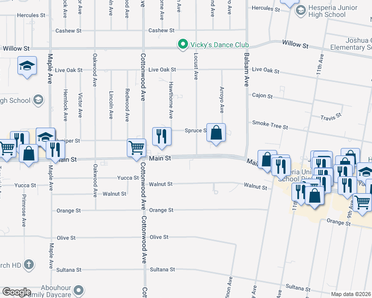 map of restaurants, bars, coffee shops, grocery stores, and more near 15058 Main Street in Hesperia
