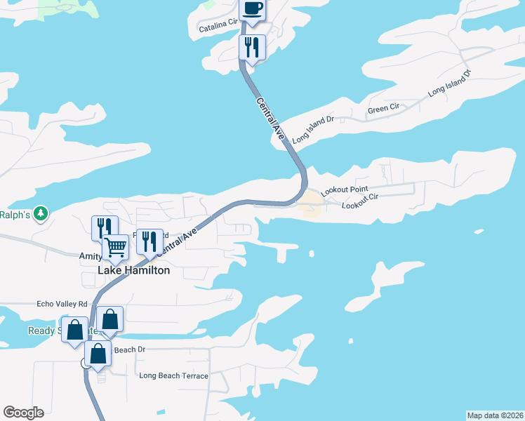 map of restaurants, bars, coffee shops, grocery stores, and more near 143A Central Terrace in Lake Hamilton