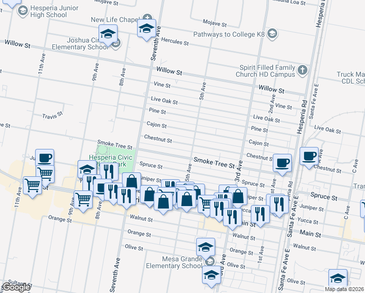 map of restaurants, bars, coffee shops, grocery stores, and more near 16141 Chestnut Street in Hesperia