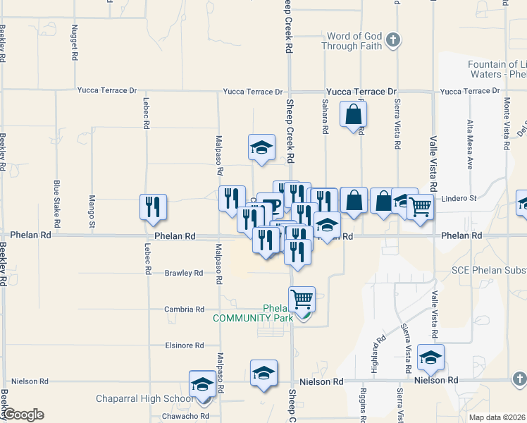 map of restaurants, bars, coffee shops, grocery stores, and more near 9779 Clovis Road in Phelan