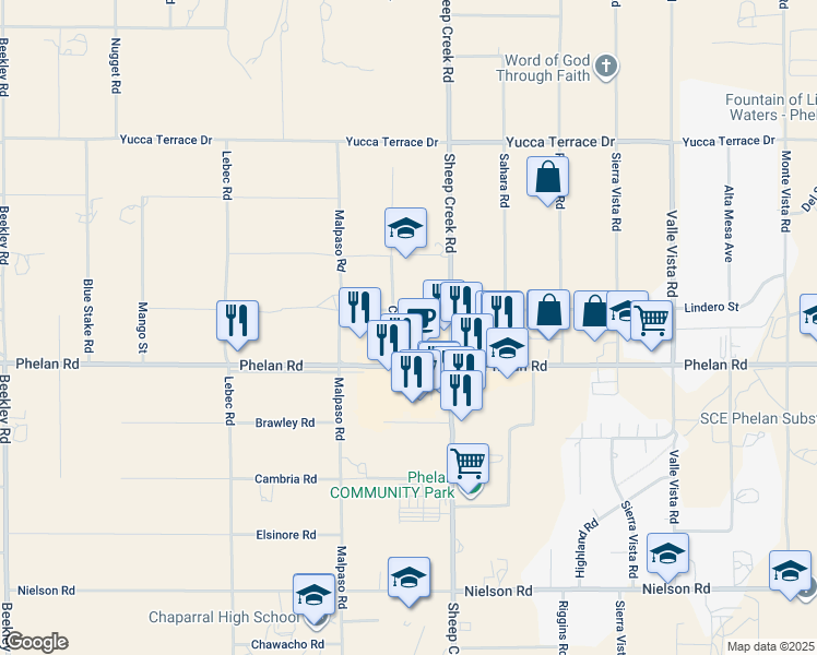 map of restaurants, bars, coffee shops, grocery stores, and more near 9779 Clovis Road in Phelan