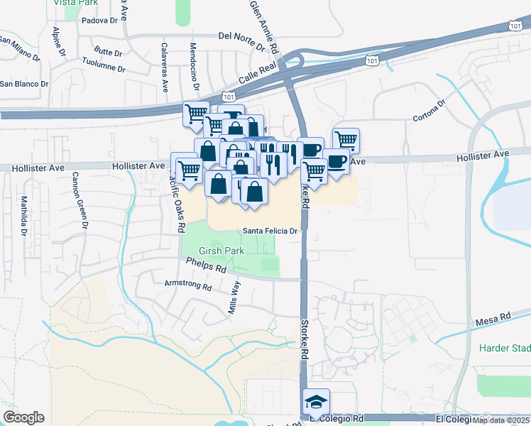 map of restaurants, bars, coffee shops, grocery stores, and more near 7015 Market Place Drive in Goleta