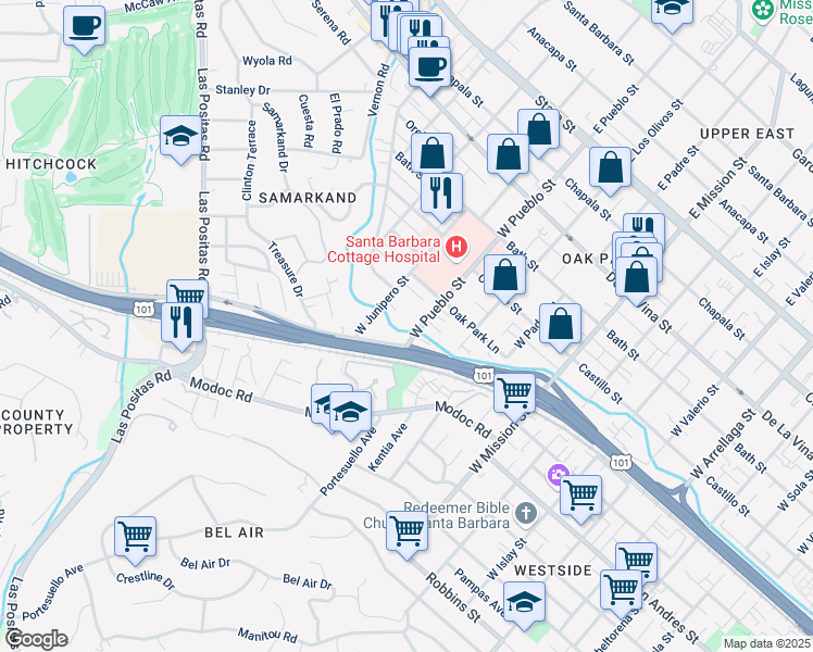 map of restaurants, bars, coffee shops, grocery stores, and more near 540 West Pueblo Street in Santa Barbara