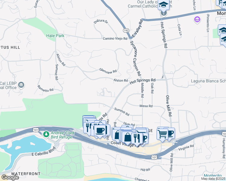 map of restaurants, bars, coffee shops, grocery stores, and more near 1098 Golf Road in Montecito