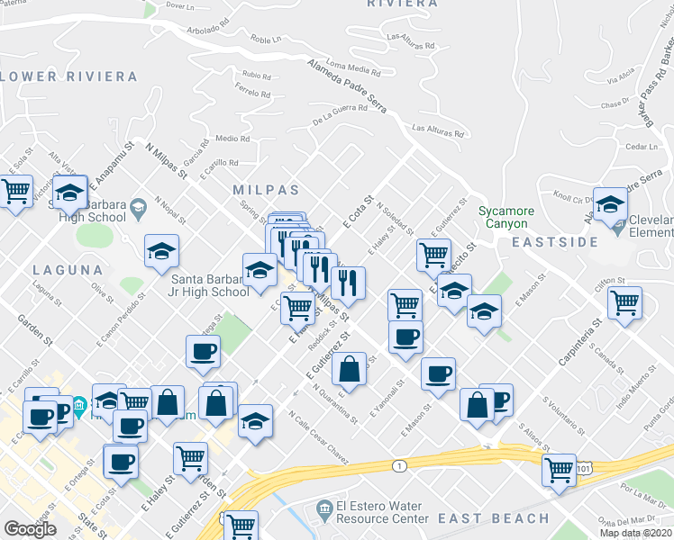 map of restaurants, bars, coffee shops, grocery stores, and more near 528 North Alisos Street in Santa Barbara