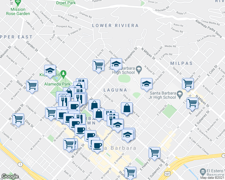 map of restaurants, bars, coffee shops, grocery stores, and more near 1119 Olive Street in Santa Barbara