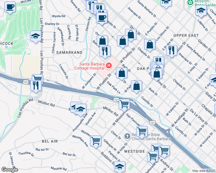 map of restaurants, bars, coffee shops, grocery stores, and more near 2227 Oak Park Lane in Santa Barbara