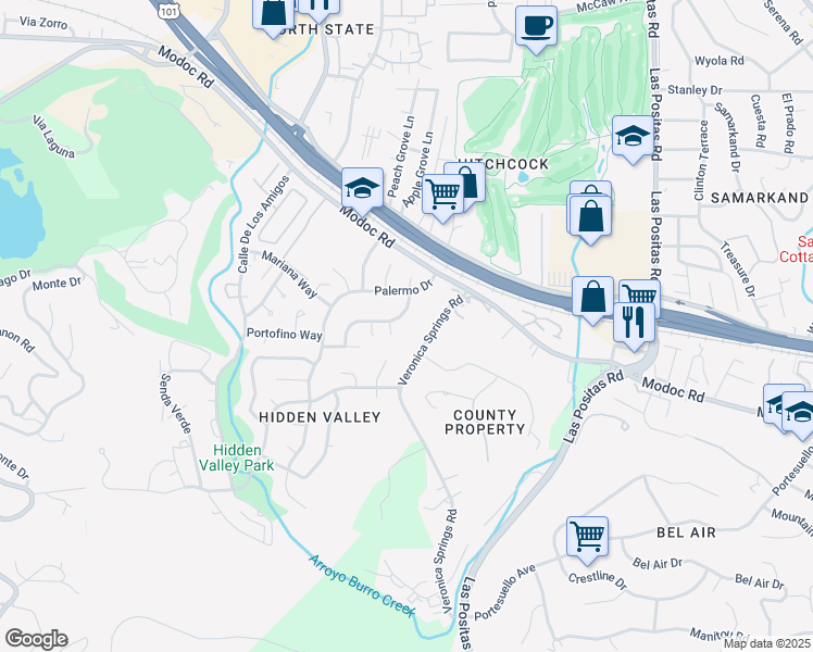 map of restaurants, bars, coffee shops, grocery stores, and more near 749 Calabria Drive in Santa Barbara