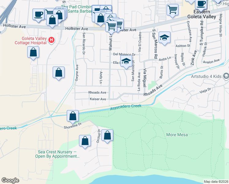 map of restaurants, bars, coffee shops, grocery stores, and more near 5095 San Vicente Drive in Santa Barbara