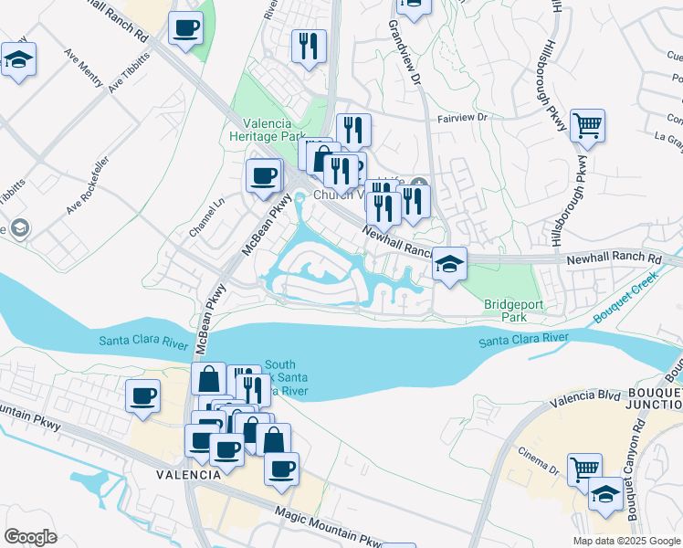 map of restaurants, bars, coffee shops, grocery stores, and more near 27020 Island Road in Santa Clarita