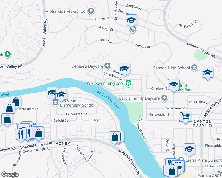 map of restaurants, bars, coffee shops, grocery stores, and more near 20071 Edgewater Drive in Santa Clarita