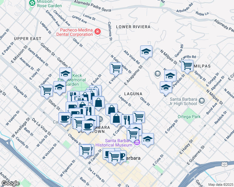 map of restaurants, bars, coffee shops, grocery stores, and more near East Anapamu Street & Laguna Street in Santa Barbara