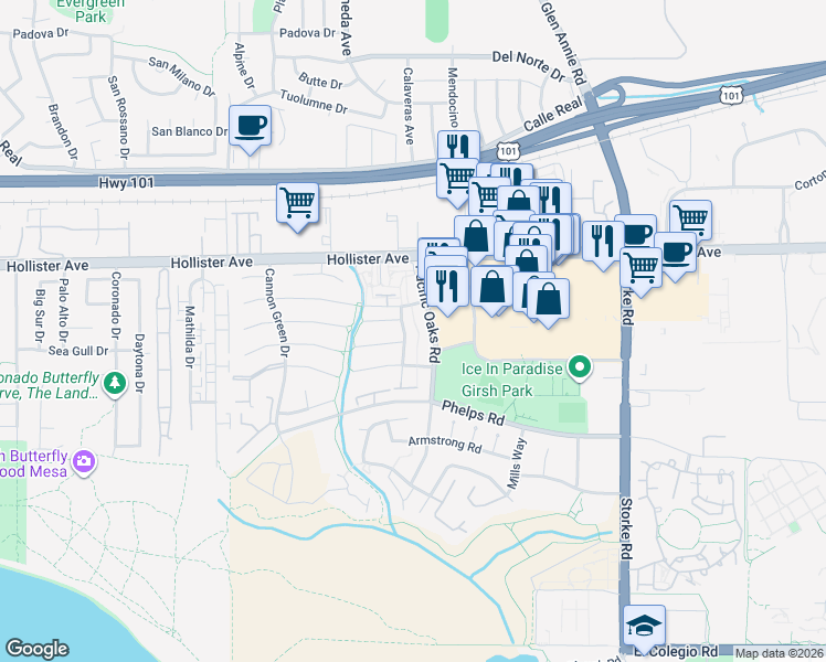 map of restaurants, bars, coffee shops, grocery stores, and more near 326 La Salle Road in Goleta
