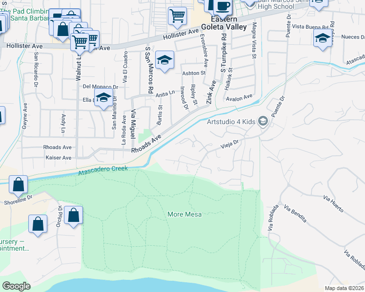 map of restaurants, bars, coffee shops, grocery stores, and more near 869 Via Abajo in Santa Barbara