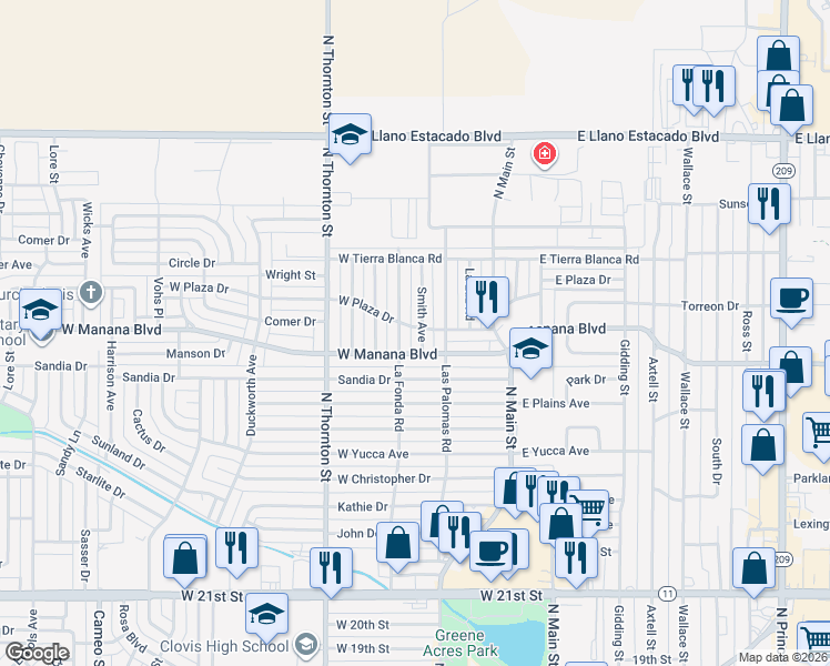 map of restaurants, bars, coffee shops, grocery stores, and more near 3008 Smith Avenue in Clovis