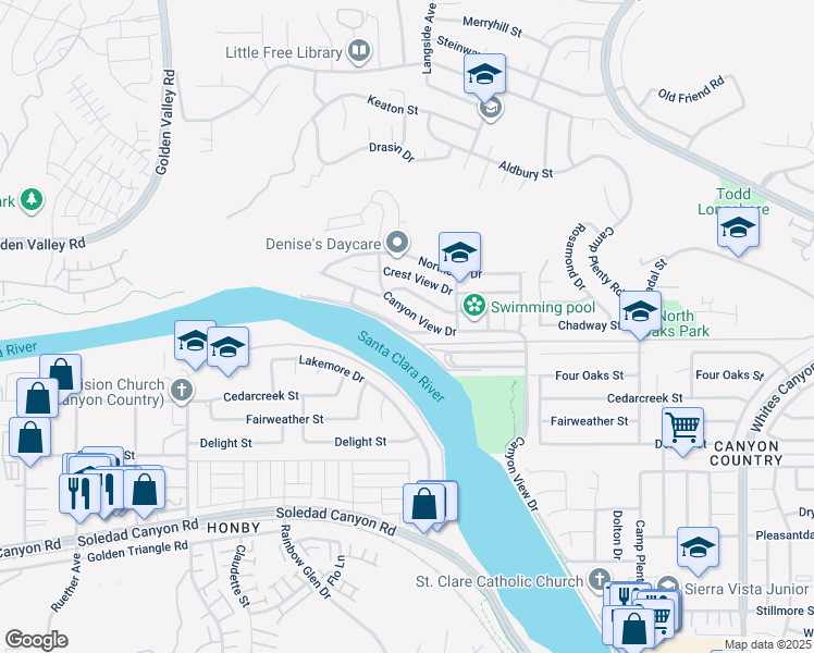 map of restaurants, bars, coffee shops, grocery stores, and more near 20073 Edgewater Drive in Santa Clarita