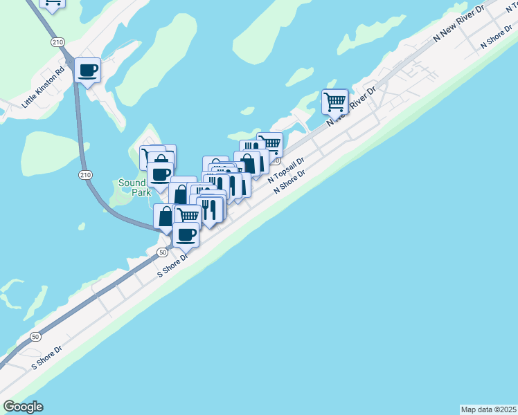 map of restaurants, bars, coffee shops, grocery stores, and more near 306 North Shore Drive in Surf City