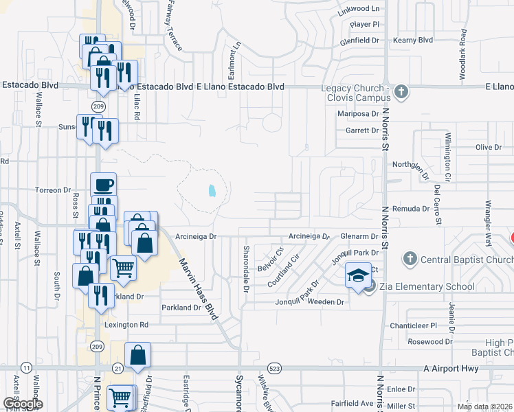map of restaurants, bars, coffee shops, grocery stores, and more near 1535 Bosc Court in Clovis