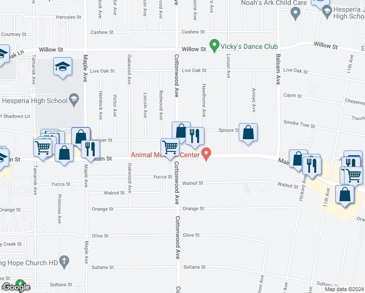 map of restaurants, bars, coffee shops, grocery stores, and more near 14920 Main Street in Hesperia