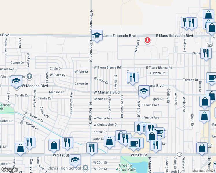 map of restaurants, bars, coffee shops, grocery stores, and more near 2912 La Fonda Road in Clovis