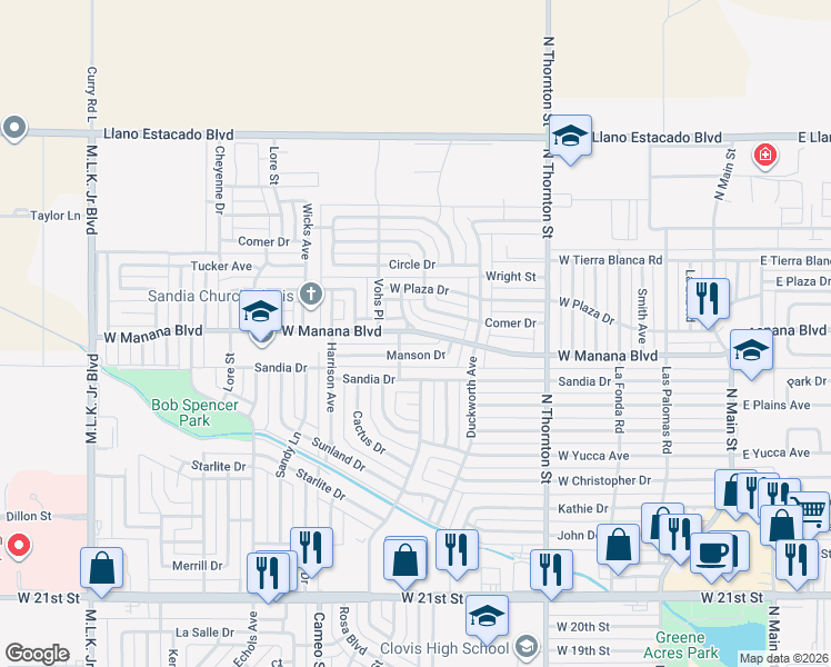 map of restaurants, bars, coffee shops, grocery stores, and more near 837 West Manana Boulevard in Clovis