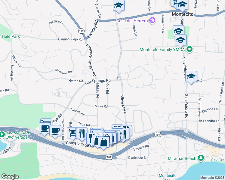 map of restaurants, bars, coffee shops, grocery stores, and more near 275 Olive Mill Road in Montecito