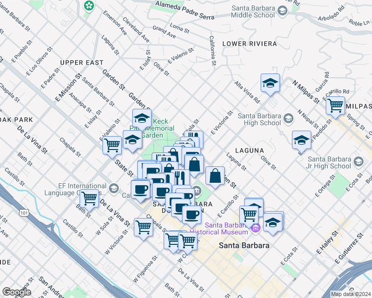 map of restaurants, bars, coffee shops, grocery stores, and more near 1324 Garden Street in Santa Barbara