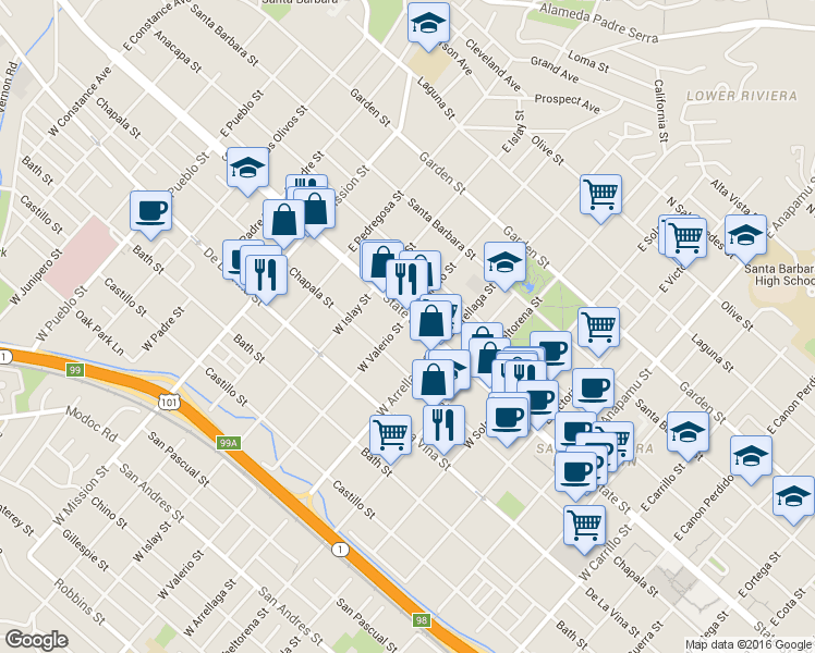 map of restaurants, bars, coffee shops, grocery stores, and more near 1634 State Street in Santa Barbara