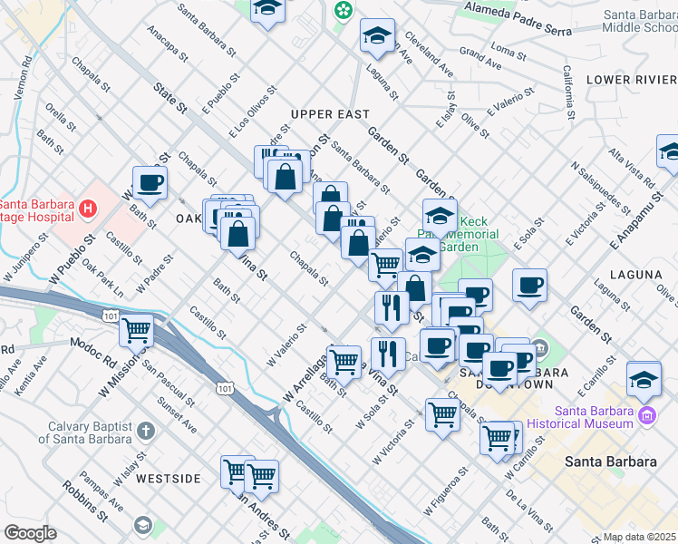 map of restaurants, bars, coffee shops, grocery stores, and more near 20 West Valerio Street in Santa Barbara