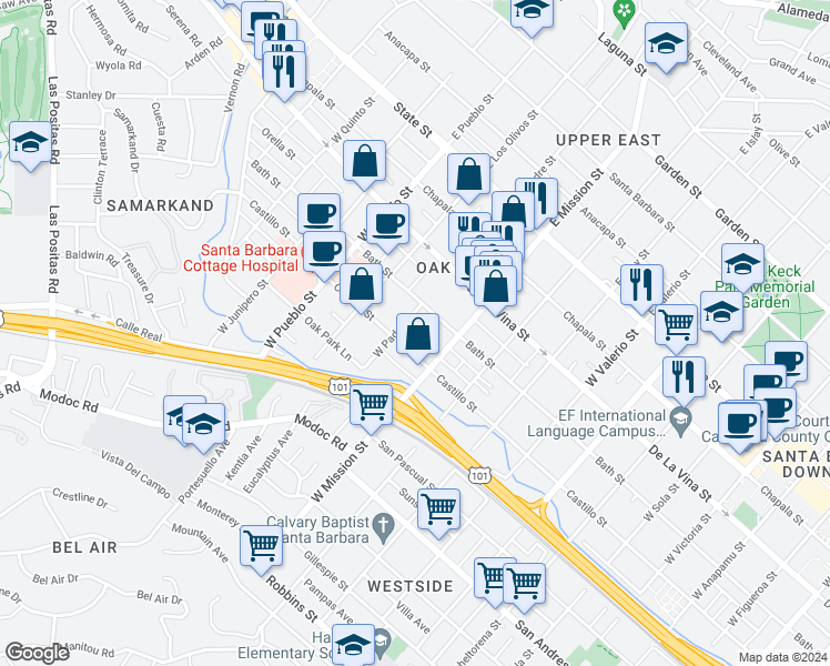 map of restaurants, bars, coffee shops, grocery stores, and more near 311 West Padre Street in Santa Barbara