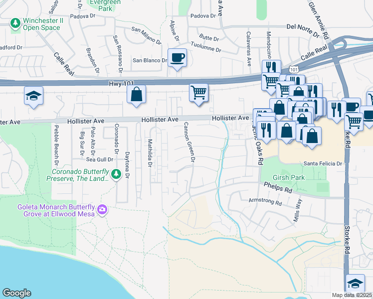 map of restaurants, bars, coffee shops, grocery stores, and more near 7360 Elmhurst Place in Goleta