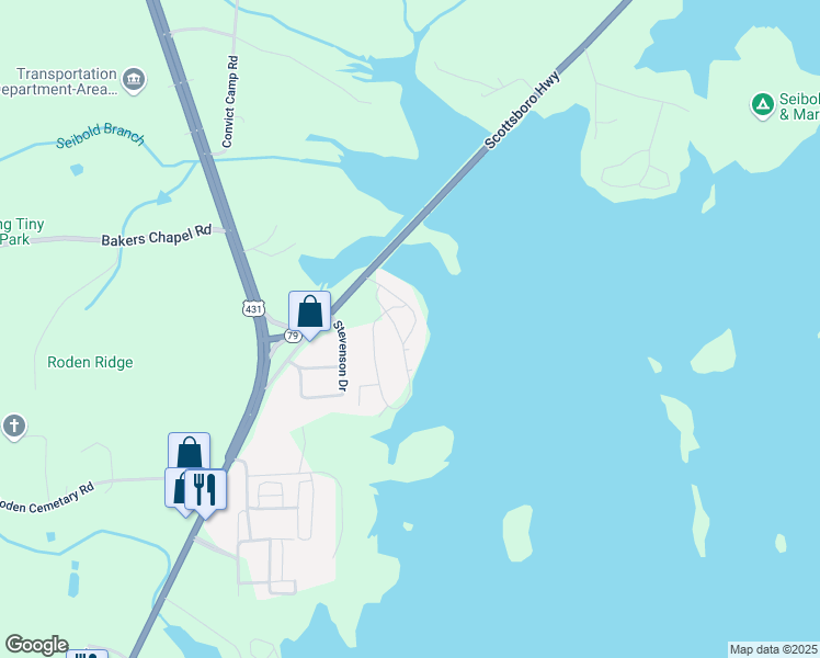 map of restaurants, bars, coffee shops, grocery stores, and more near 61 Riverbend Circle in Guntersville