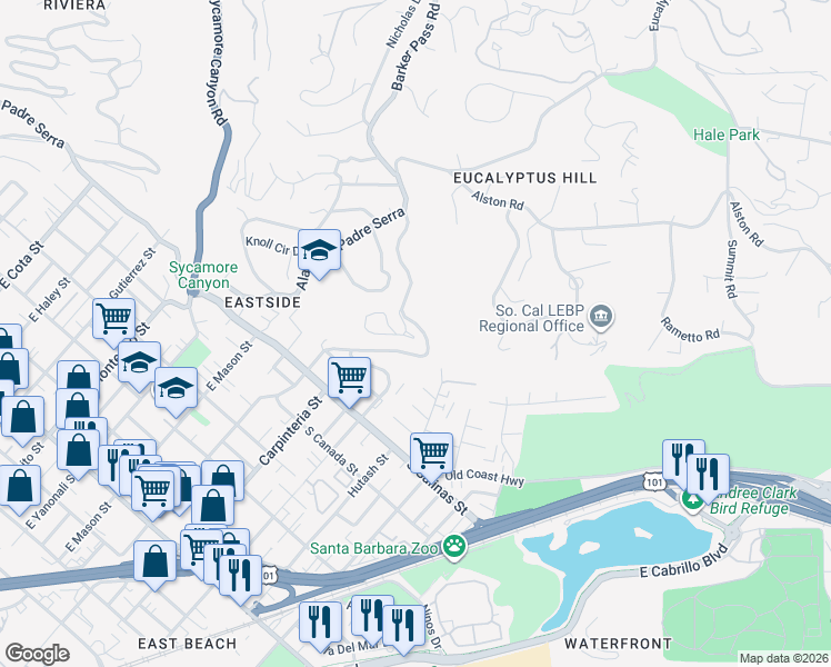 map of restaurants, bars, coffee shops, grocery stores, and more near 166 Eucalyptus Hill Circle in Santa Barbara