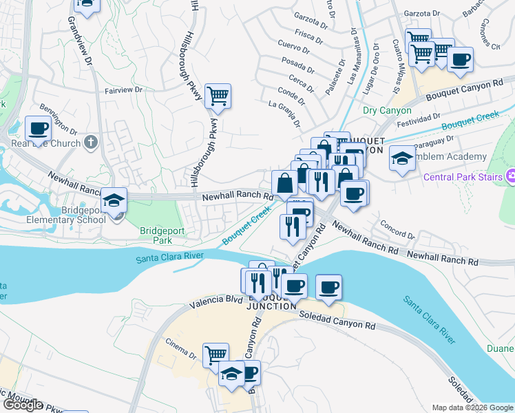 map of restaurants, bars, coffee shops, grocery stores, and more near 23225 Beachcomber Lane in Santa Clarita