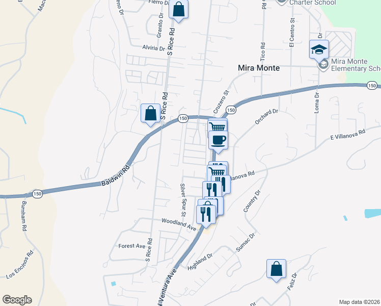 map of restaurants, bars, coffee shops, grocery stores, and more near 140 Don Ricardo Way in Ojai