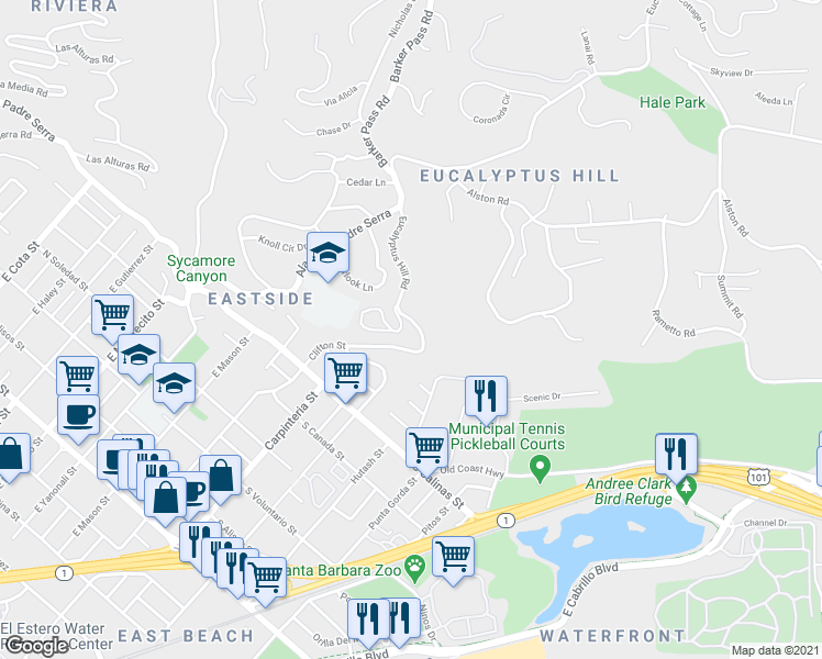 map of restaurants, bars, coffee shops, grocery stores, and more near 166 Eucalyptus Hill Circle in Santa Barbara