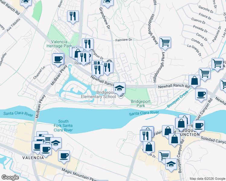 map of restaurants, bars, coffee shops, grocery stores, and more near 23805 Spinnaker Court in Santa Clarita