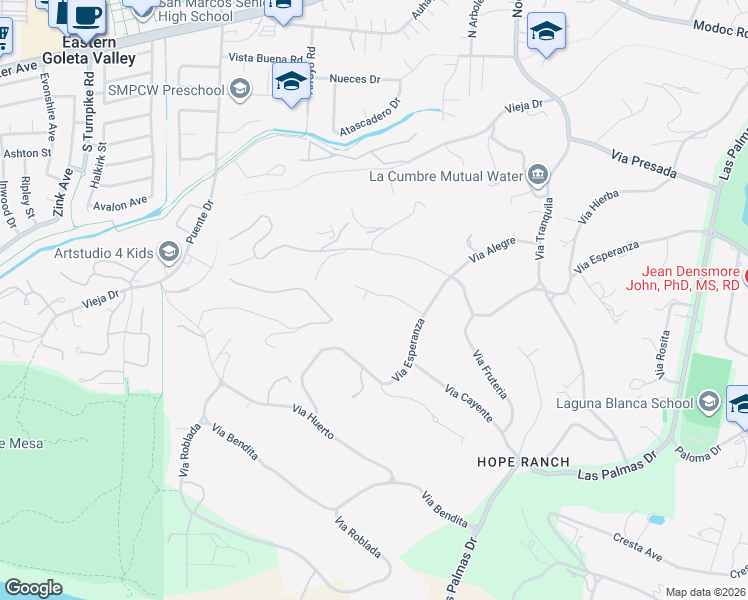 map of restaurants, bars, coffee shops, grocery stores, and more near 4450 Via Esperanza in Santa Barbara