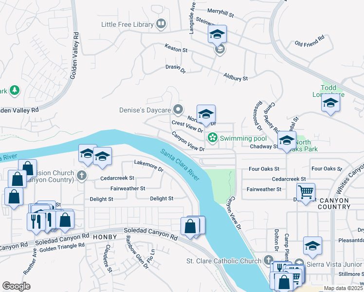 map of restaurants, bars, coffee shops, grocery stores, and more near 20073 Edgewater Drive in Santa Clarita