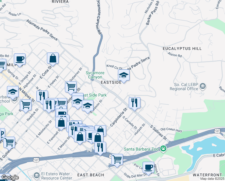 map of restaurants, bars, coffee shops, grocery stores, and more near 100 North Salinas Street in Santa Barbara