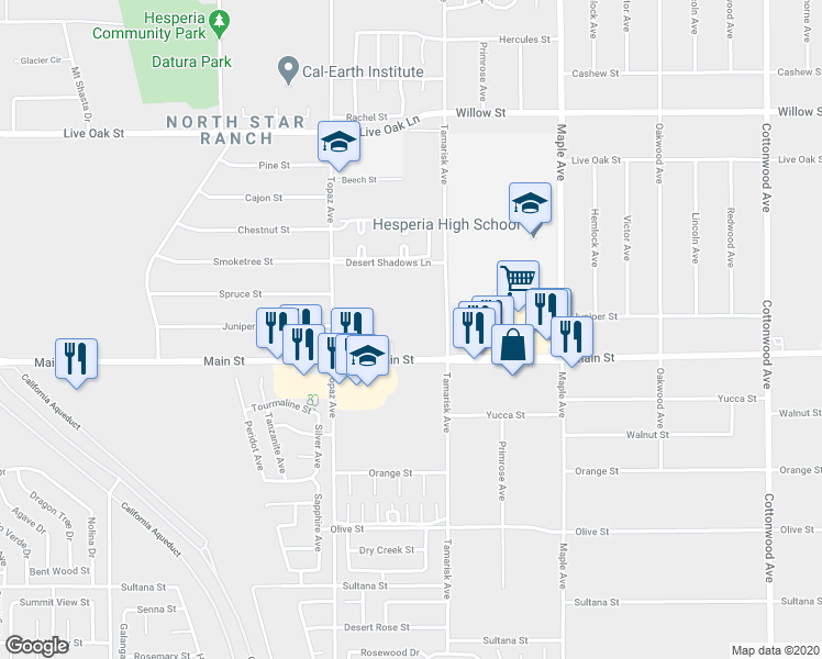 map of restaurants, bars, coffee shops, grocery stores, and more near 14236 Main Street in Hesperia