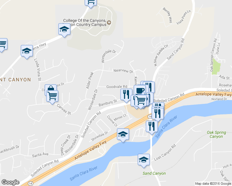 map of restaurants, bars, coffee shops, grocery stores, and more near 16751 La Veda Avenue in Canyon Cntry