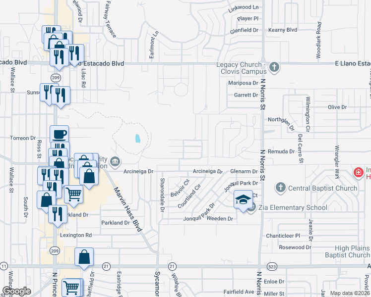 map of restaurants, bars, coffee shops, grocery stores, and more near 1601 Bosc Court in Clovis